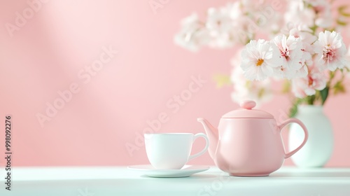 A still life featuring soft pastel colored flowers, a vintage teapot, and a delicate porcelain cup, inviting a sense of serenity.