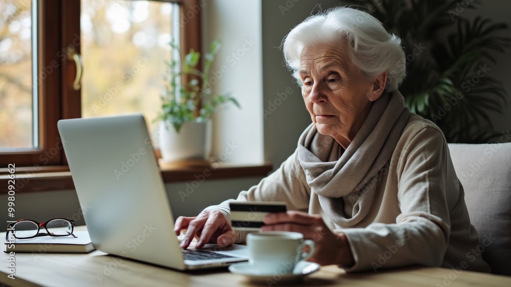 Senior woman using laptop for online payment using credit card Senior woman using laptop for online payment using credit card