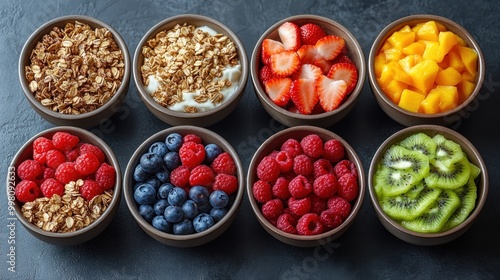 A top-down view of eight bowls of granola, yogurt, strawberries, mango, raspberries, blueberries, kiwi, and more on a dark background.