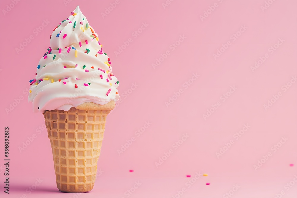 A white ice cream cone with rainbow sprinkles on top A white ice cream cone with rainbow sprinkles on top
