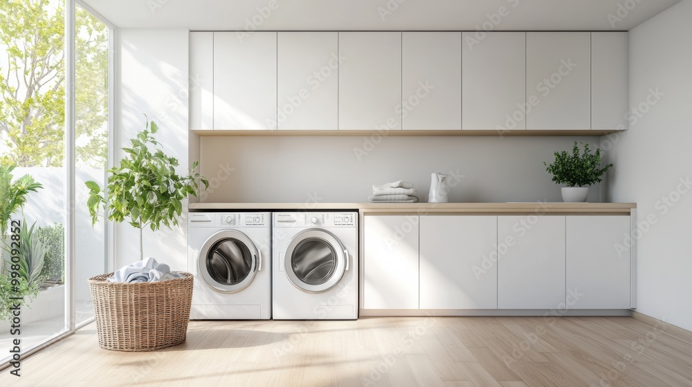 The laundry room showcases built-in washing and drying machines, sleek cabinetry, and a basket filled with freshly laundered clothes. Generative AI The laundry room showcases built-in washing and drying machines, sleek cabinetry, and a basket filled with freshly laundered clothes. Generative AI