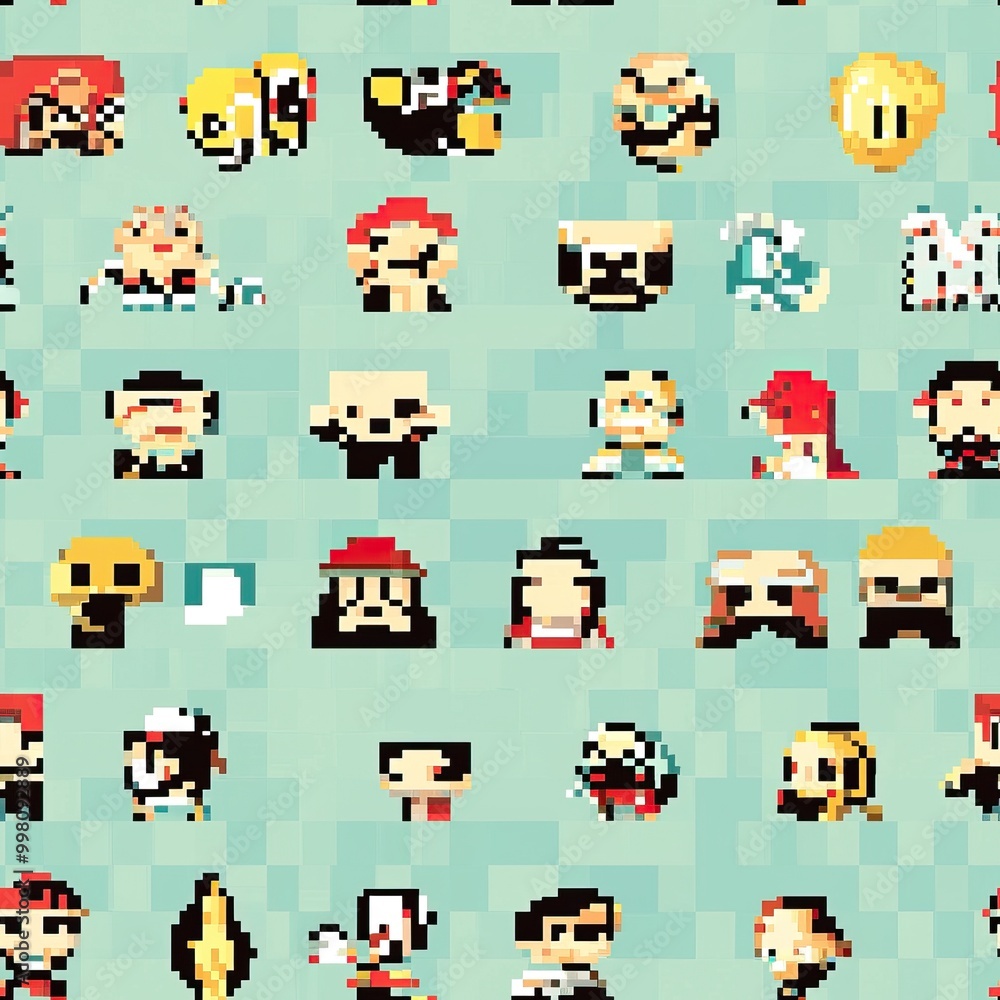 Colorful pixel art characters in a seamless Video Game pattern background. AI generated image Colorful pixel art characters in a seamless Video Game pattern background. AI generated image