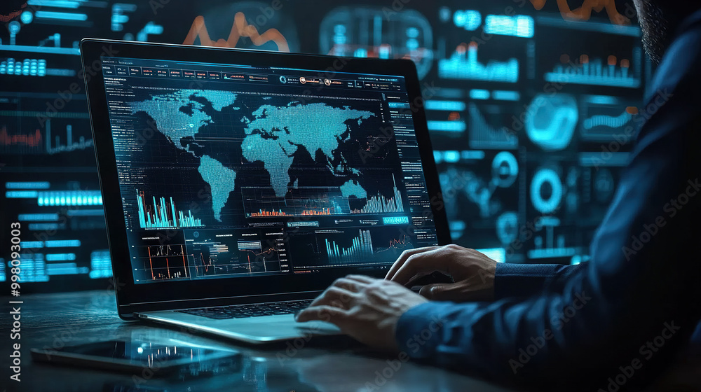 Business people analyzing financial data on laptop computer with graphs and business strategy, double exposure effect on office background. Business people analyzing financial data on laptop computer with graphs and business strategy, double exposure effect on office background.