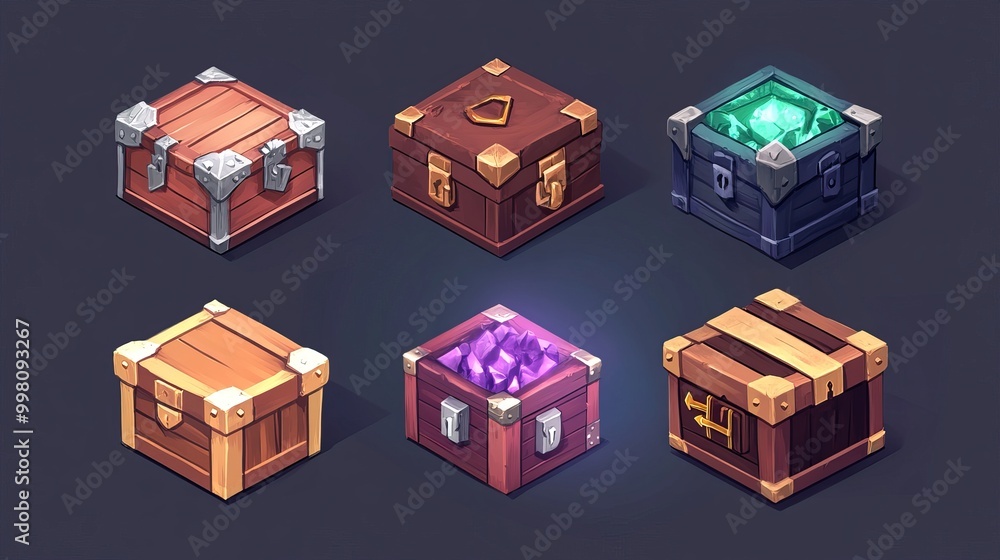 Various stylized loot chests and containers from a fantasy Video Game. AI generated image Various stylized loot chests and containers from a fantasy Video Game. AI generated image