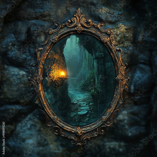 An antique mirror reflects a mysterious, fog-filled path through a rocky cave with a glowing lantern.