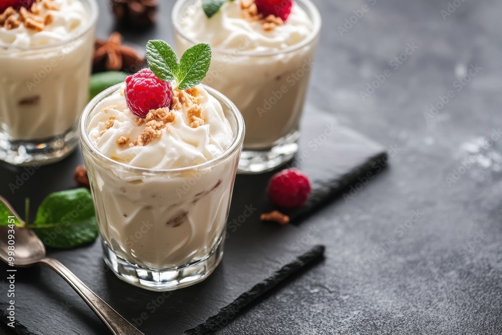 Delicious dessert cups with creamy yogurt fresh raspberries and crunchy granola on a black slate platter Delicious dessert cups with creamy yogurt fresh raspberries and crunchy granola on a black slate platter