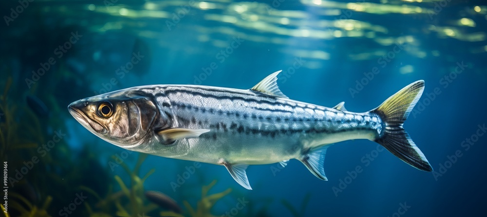 Freshwater fish swimming gracefully near the ocean floor in vibrant blue waters Freshwater fish swimming gracefully near the ocean floor in vibrant blue waters