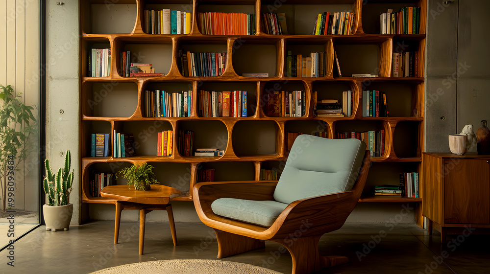 Cozy Reading Nook with Unique Wooden Bookshelf Cozy Reading Nook with Unique Wooden Bookshelf