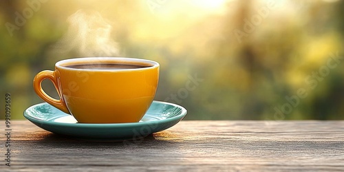 A yellow cup of steaming coffee rests on a teal saucer, positioned on a rustic wooden table against a blurred background of greenery and sunlight.