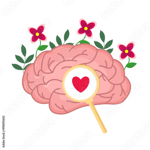 Human brain with magnifying glass and flowers. Mental health help and awareness concept.
