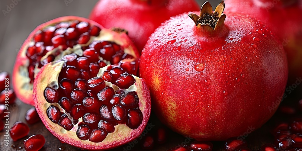 Φωτογραφία Close-up of ripe pomegranates with red seeds and water droplets, showcasing the vibrant color and juicy texture of the fruit
