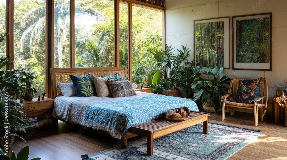 A Brazilian rainforest-inspired bedroom, with lush plants, wooden furniture, and vibrant textiles, creating a lively, nature-infused space A Brazilian rainforest-inspired bedroom, with lush plants, wooden furniture, and vibrant textiles, creating a lively, nature-infused space