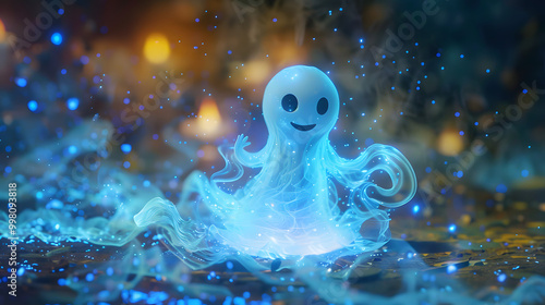 Beautiful cute animated cartoon blue ghost with a happy face. photo