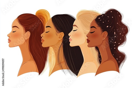 Diverse female portraits featuring different hairstyles and skin tones showcasing beauty and individuality in a side profile artistic illustration with soft lighting