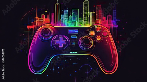 Futuristic game controller design with neon cityscape. Video Game. AI generated image