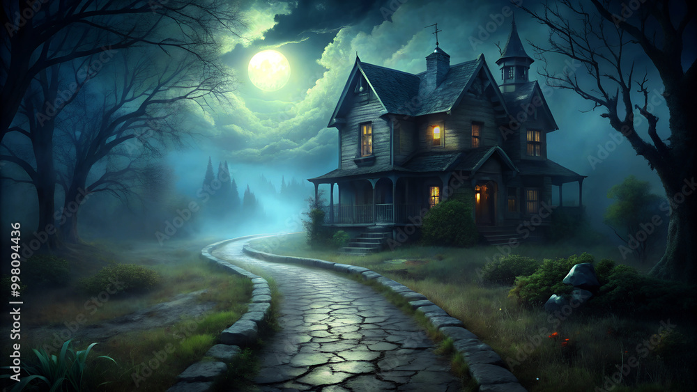 A haunted Halloween house in the forest on winter nights. A haunted Halloween house in the forest on winter nights.