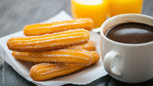 Spanish breakfast with churros dipped in hot chocolate alongside a glass of fresh orange juice and a paper napkin 