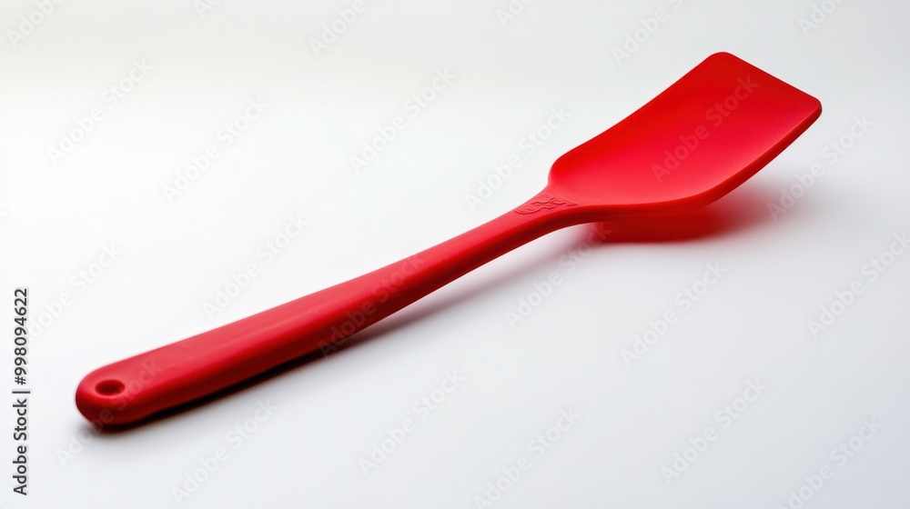 A bright red silicone spatula standing upright, isolated on a white background A bright red silicone spatula standing upright, isolated on a white background