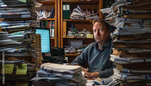 Overwhelmed Man in a Paper-Filled Office