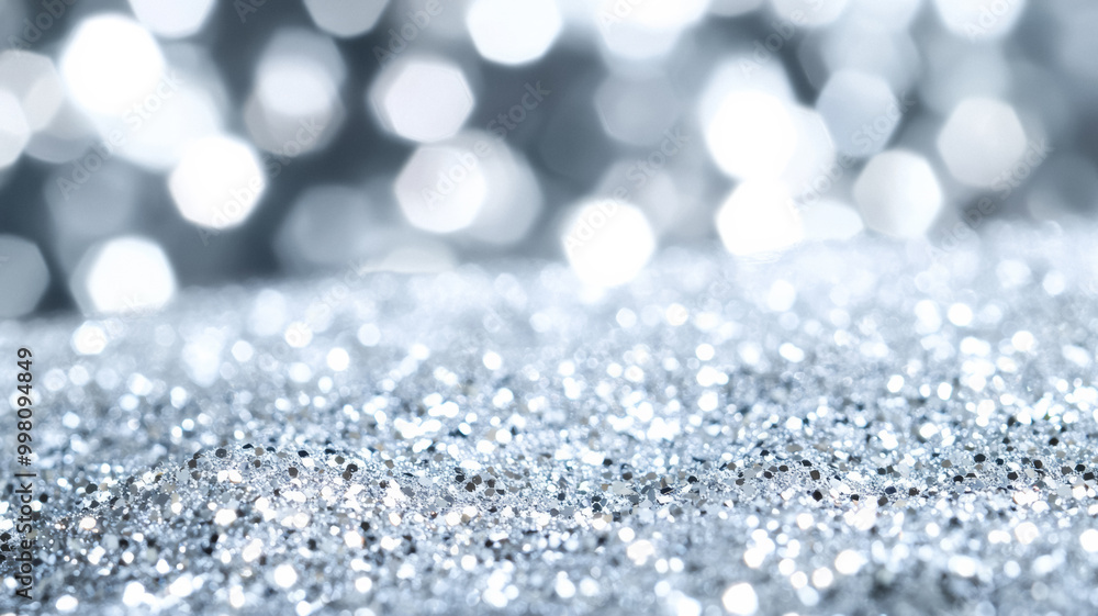 Sparkling white glitter suspended in clear serum resembling fresh snow on a frosty morning against a silver background Sparkling white glitter suspended in clear serum resembling fresh snow on a frosty morning against a silver background