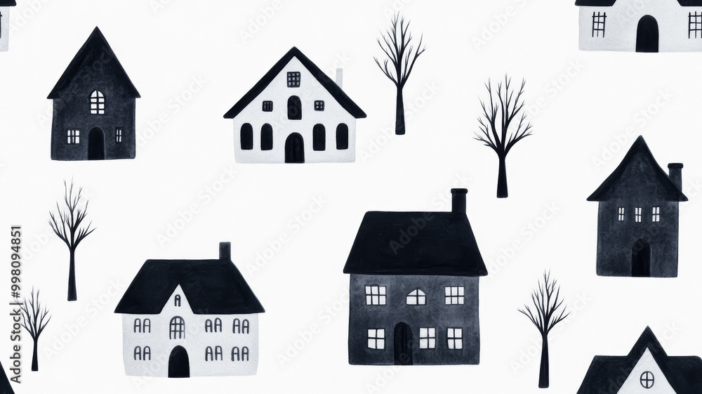 Spooky haunted houses and ghostly trees on a foggy gray background Spooky haunted houses and ghostly trees on a foggy gray background