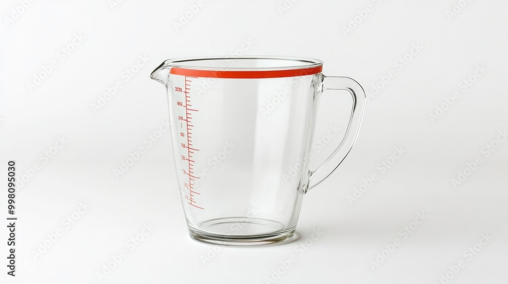 A clear glass measuring cup with marked measurements, isolated on a white background A clear glass measuring cup with marked measurements, isolated on a white background