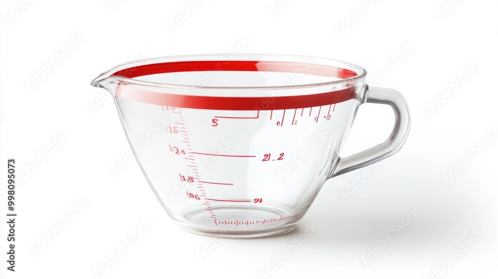 A clear glass measuring cup with marked measurements, isolated on a white background A clear glass measuring cup with marked measurements, isolated on a white background