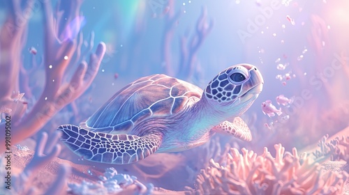 Fototapeta Naklejka Na Ścianę i Meble -  3D sea turtle, with gentle shell patterns, a serene expression, and a tranquil pastel coral reef backdrop.