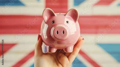 Piggy bank with British flag background