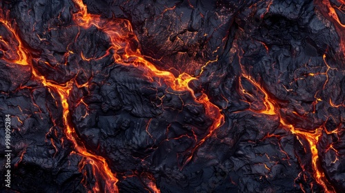 Vivid image  red and orange lava on black background  with cracks adding intensity.