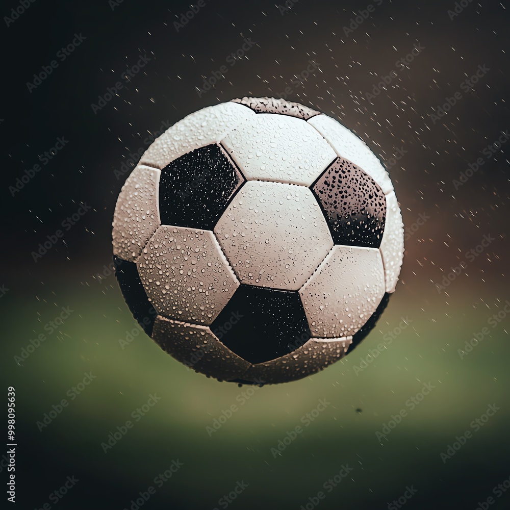Naklejka premium Soccer ball with water droplets, dynamic background