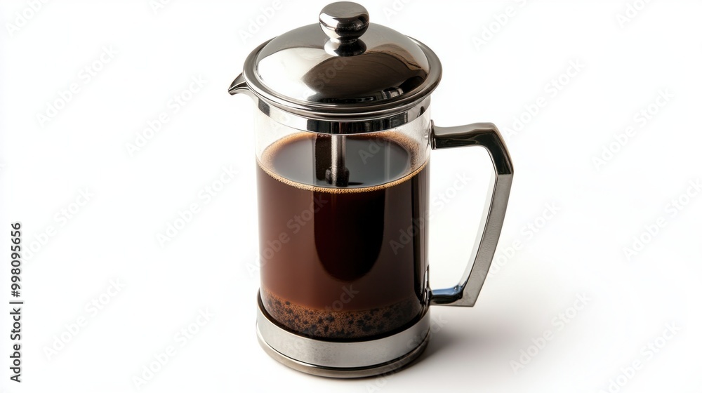 A French press coffee maker filled with dark coffee, isolated on a white background A French press coffee maker filled with dark coffee, isolated on a white background
