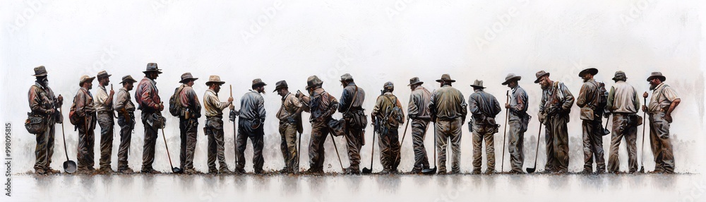 The California Gold Rush, a line of prospectors with pickaxes and pans, searching for fortune in the American wilderness, dusty and hopeful The California Gold Rush, a line of prospectors with pickaxes and pans, searching for fortune in the American wilderness, dusty and hopeful