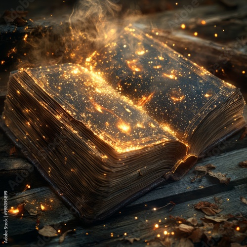 An old book with glowing pages and smoke, sitting on a wooden surface with dried leaves.