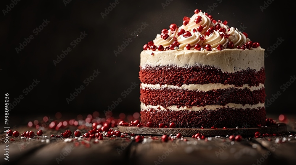 Φωτογραφία Red velvet cake layered with creamy frosting and topped with a sprinkle of red and white sprinkles on a wooden surface