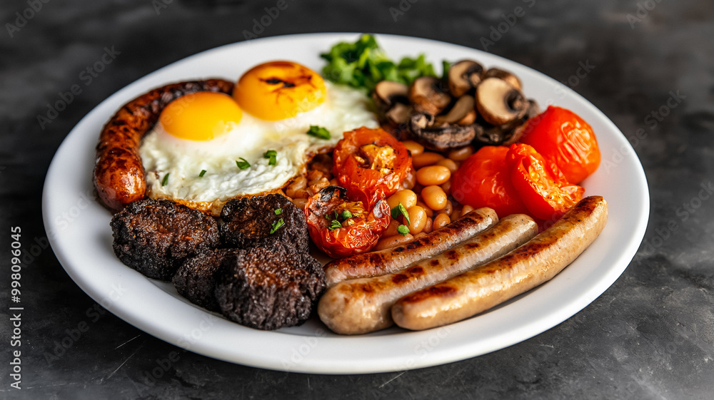 Traditional English breakfast with sausages black pudding baked beans grilled tomatoes mushrooms and scrambled eggs on a white plate Traditional English breakfast with sausages black pudding baked beans grilled tomatoes mushrooms and scrambled eggs on a white plate
