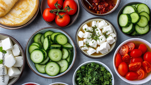 Turkish breakfast spread with olives feta cheese sliced cucumbers tomatoes simit bread and honey in small dishes 