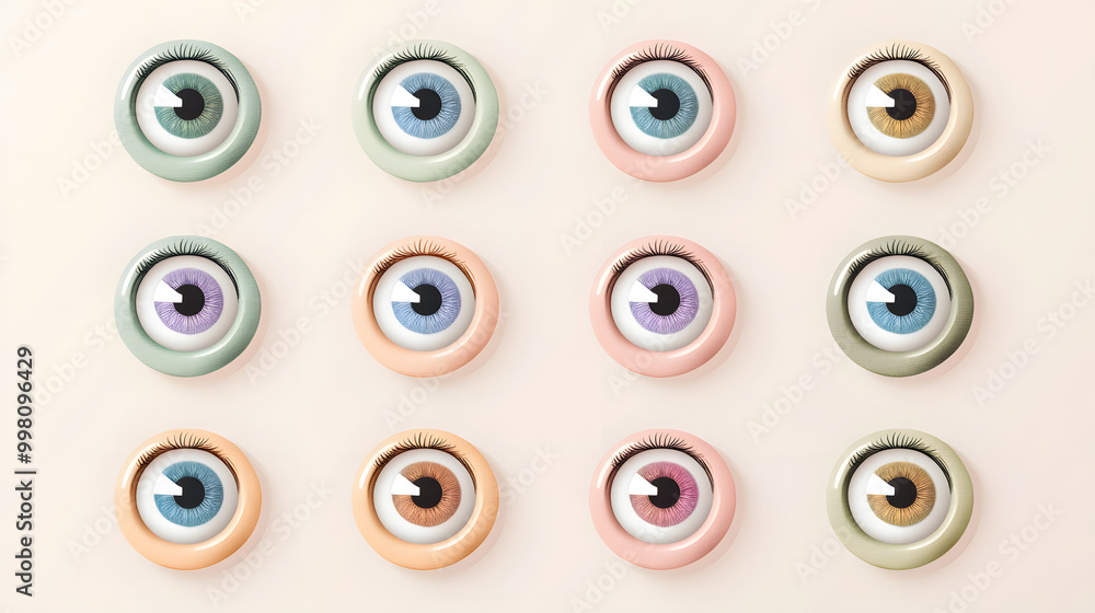 Minimal pastel eyeball set of icons with soft rounded edges and light pastel colors placed on a plain background Minimal pastel eyeball set of icons with soft rounded edges and light pastel colors placed on a plain background