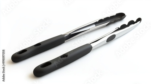 A pair of kitchen tongs with silicone grips, isolated on a white background