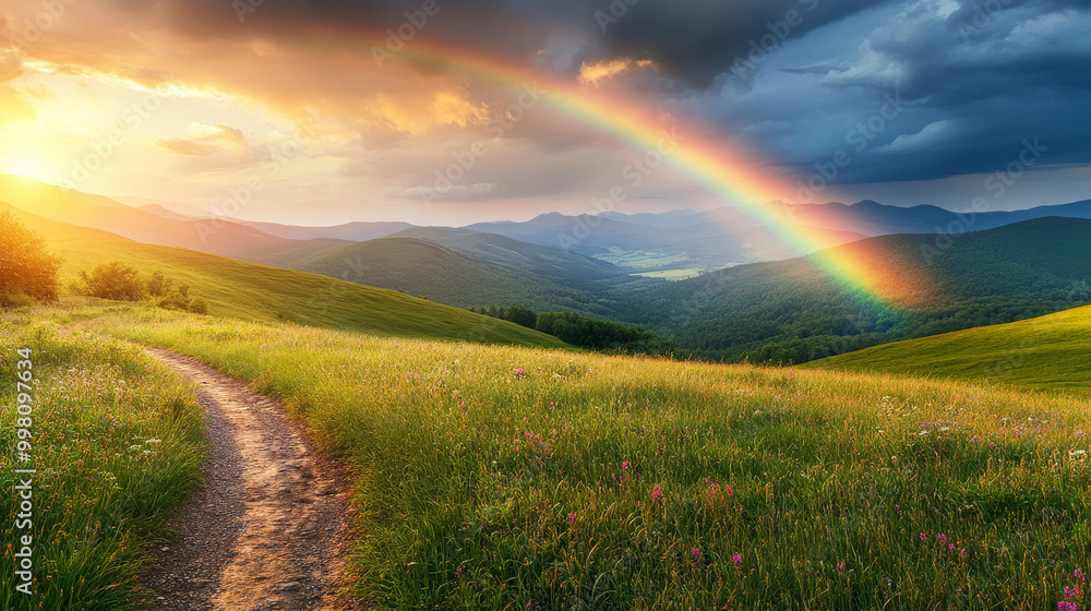 An enchanting summer mountain scene featuring lush green meadows bathed in the warm glow of evening sunlight. A picturesque rural road winds through the landscape, beneath a stunning rainbow arching An enchanting summer mountain scene featuring lush green meadows bathed in the warm glow of evening sunlight. A picturesque rural road winds through the landscape, beneath a stunning rainbow arching