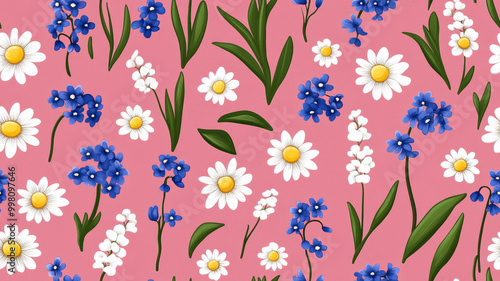 Whimsical wildflower garden pattern featuring bluebells forget me nots and daisies on a dusty rose background 