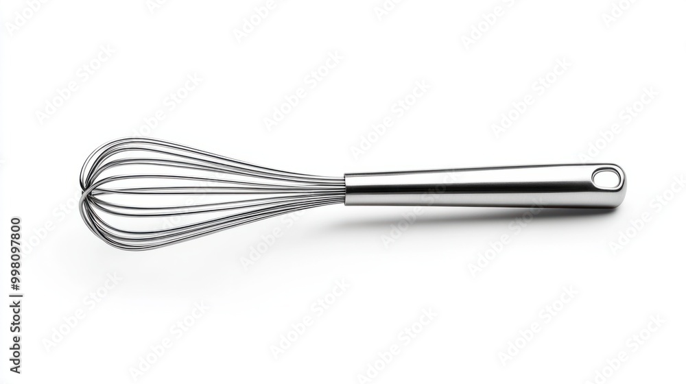 A shiny silver whisk, resting horizontally, isolated on a white background A shiny silver whisk, resting horizontally, isolated on a white background