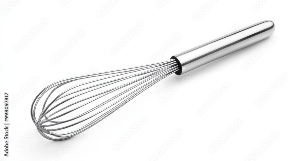 A shiny silver whisk, resting horizontally, isolated on a white background A shiny silver whisk, resting horizontally, isolated on a white background