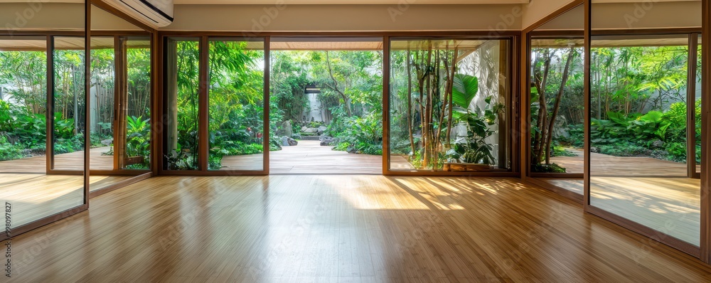 A minimalist yoga studio with bamboo floors, a wall of mirrors, and sliding glass doors that open to a serene garden A minimalist yoga studio with bamboo floors, a wall of mirrors, and sliding glass doors that open to a serene garden