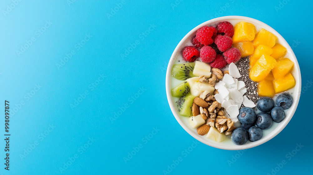 Wide shot of healthy smoothie bowl with colorful tropical fruits chia seeds nuts and coconut flakes on a vibrant blue background Wide shot of healthy smoothie bowl with colorful tropical fruits chia seeds nuts and coconut flakes on a vibrant blue background