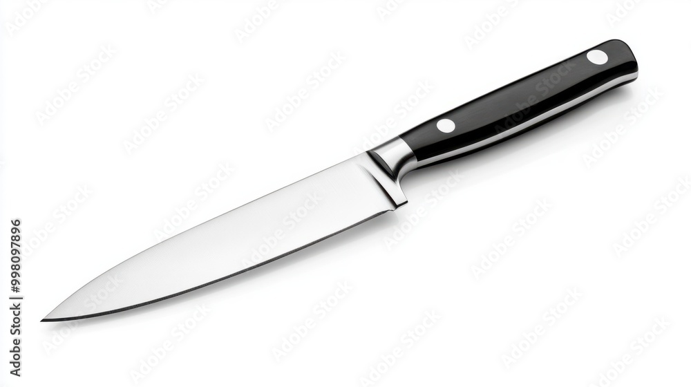 A sleek stainless steel kitchen knife with a sharp blade, isolated on a white background A sleek stainless steel kitchen knife with a sharp blade, isolated on a white background