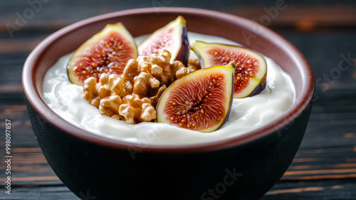 Wide shot of an inviting bowl of Greek yogurt with honey walnuts and sliced figs on a dark wooden background 