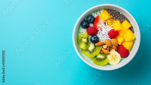 Wide shot of healthy smoothie bowl with colorful tropical fruits chia seeds nuts and coconut flakes on a vibrant blue background 