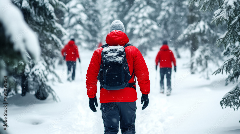 Winter hike through snow covered forest tourists in bright jackets misty breath soft snow falling serene adventure Winter hike through snow covered forest tourists in bright jackets misty breath soft snow falling serene adventure