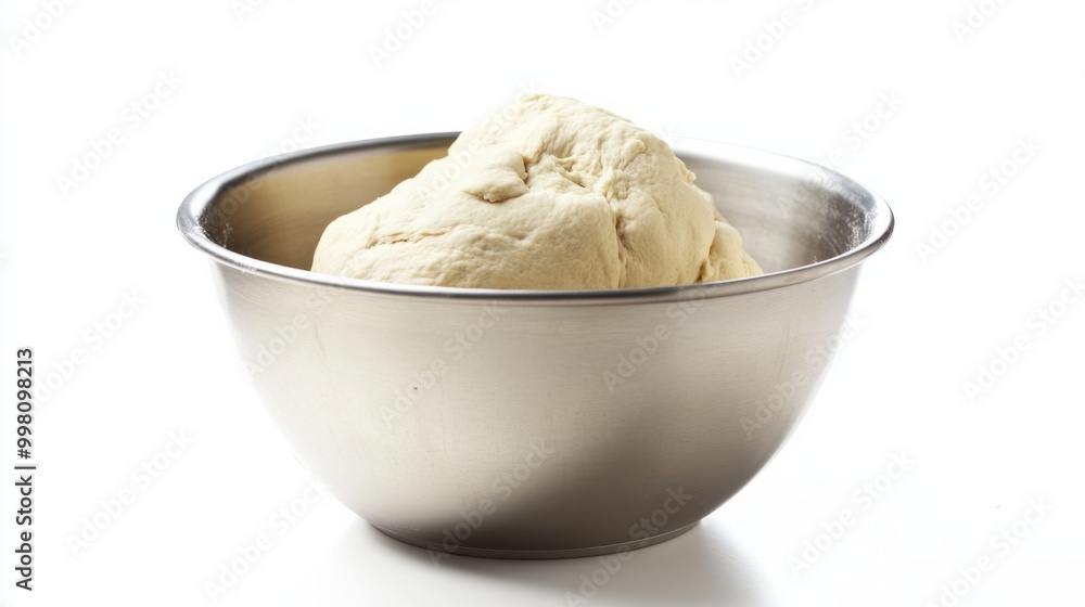 A stainless steel mixing bowl filled with dough, isolated on a white background A stainless steel mixing bowl filled with dough, isolated on a white background